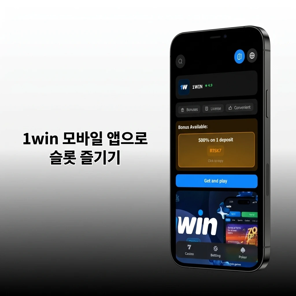 1win 모바일 앱에서 슬롯 게임을 즐기는 스마트폰 화면, Android·iOS·PWA 설치 지원