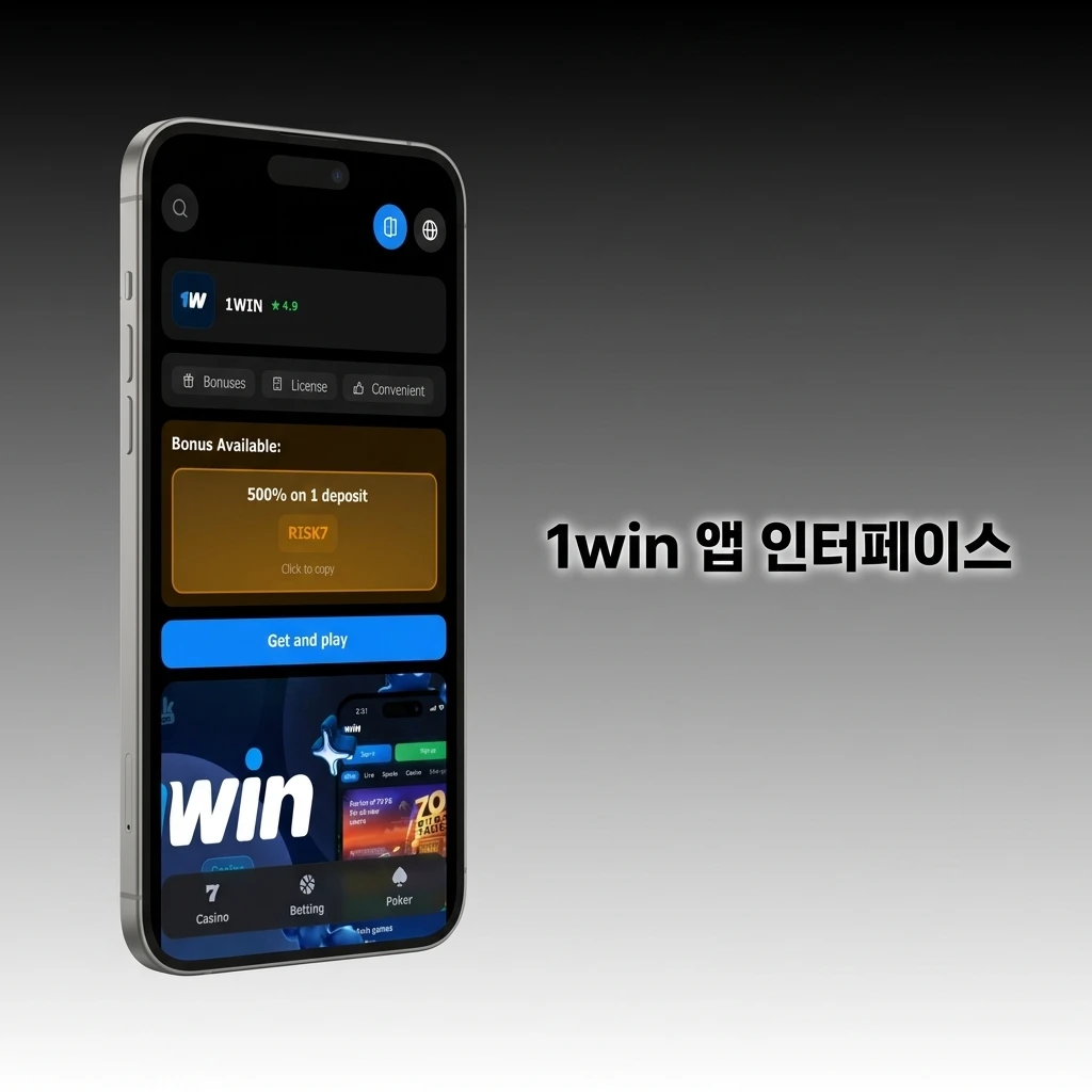 1win 모바일 앱 인터페이스 화면 - 스포츠 베팅과 카지노 게임을 지원하는 다크 테마 UI